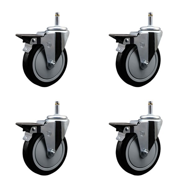Service Caster 5'' Black Poly Swivel 7/16'' Grip Ring Stem Caster Set with Brake, 4PK SCC-GR20S514-PPUB-BLK-PLB-716138-4 - main